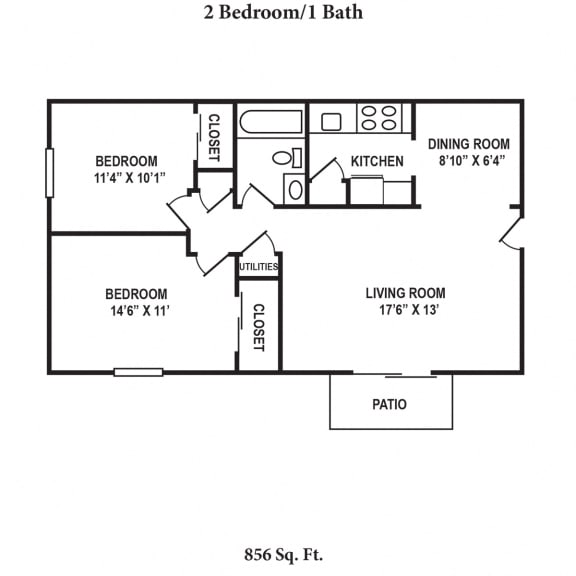 2 bed 1bath floor plan at Oakwood Apartments, Kentucky