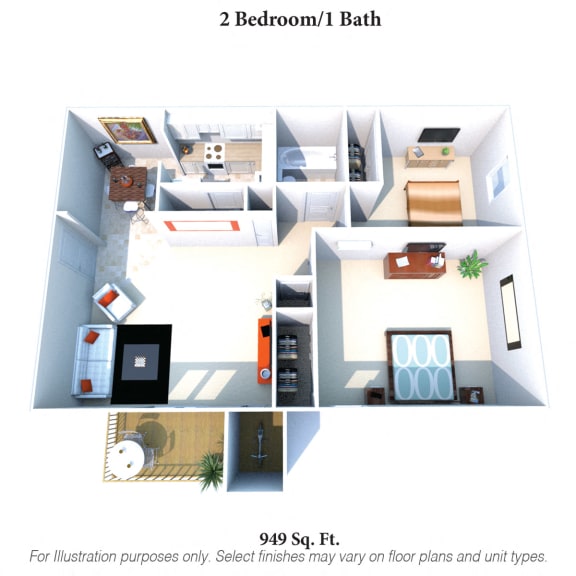 2 bed 1bath floor plan C at Oakwood Apartments, Florence, Kentucky
