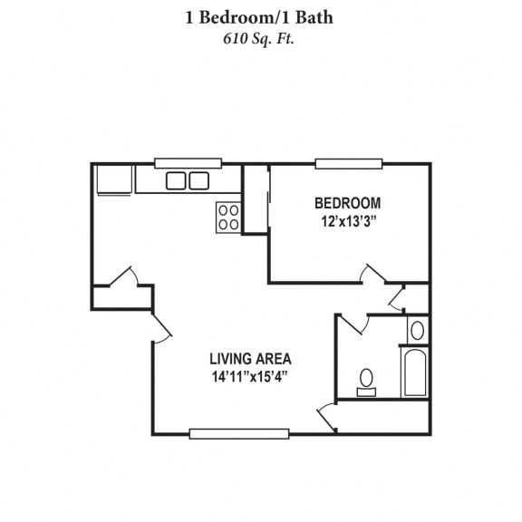 1 Bed 1 Bath 610SqFt Floor Plan at Barkley Ridge Apartments, Kentucky
