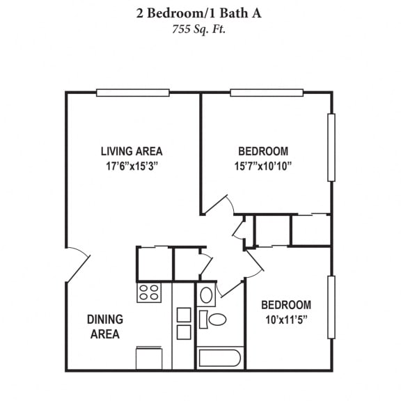 2 Bedroom 1 Bath Floor Plan at Barkley Ridge Apartments, Southgate