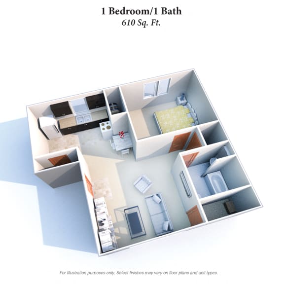 1 Bed 1 Bath A 610SqFt Floor Plan at Barkley Ridge Apartments, Kentucky, 41071