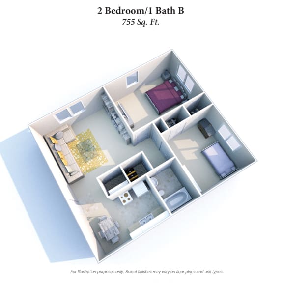 2 Bed 1 Bath Floor Plan B at Barkley Ridge Apartments, Southgate, KY, 41071