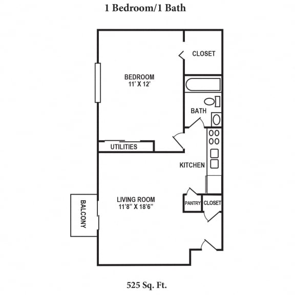 1 Bedroom 1 Bath Floor Plan at Crown Crossing Apartments, Amelia, OH