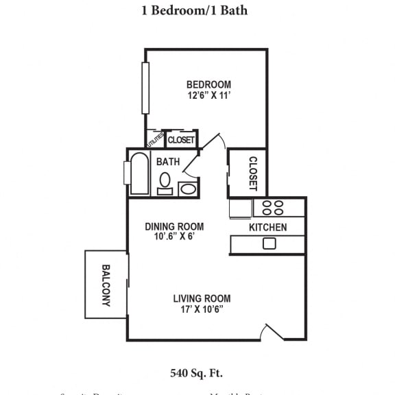 1 Bedroom Floor Plan at Crown Crossing Apartments, Amelia, Ohio