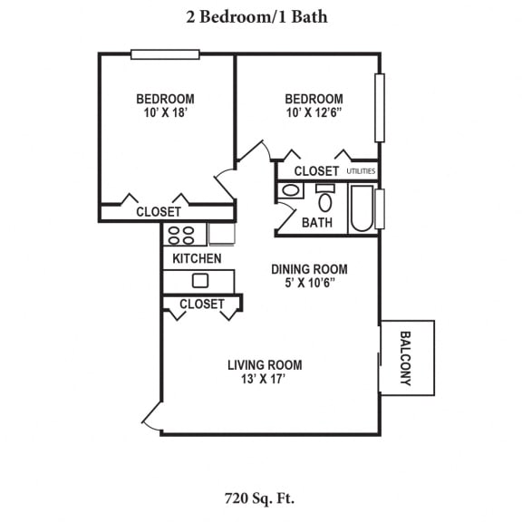2 Bedroom 1 Bath Floor Plan at Crown Crossing Apartments, Ohio