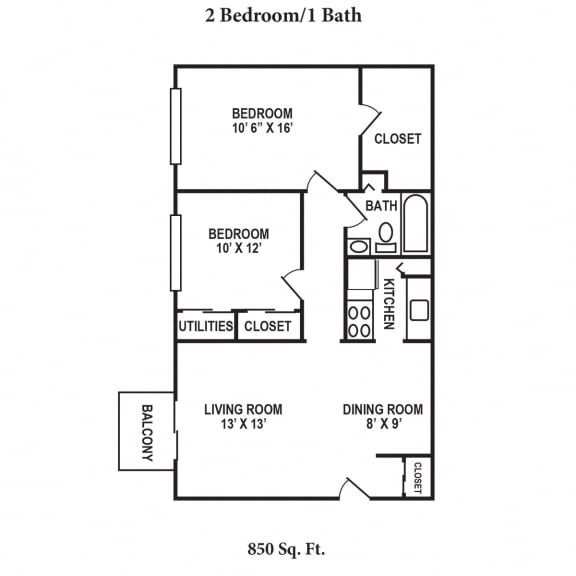 Two Bed Floor Plan at Crown Crossing Apartments, Amelia, OH, 45102