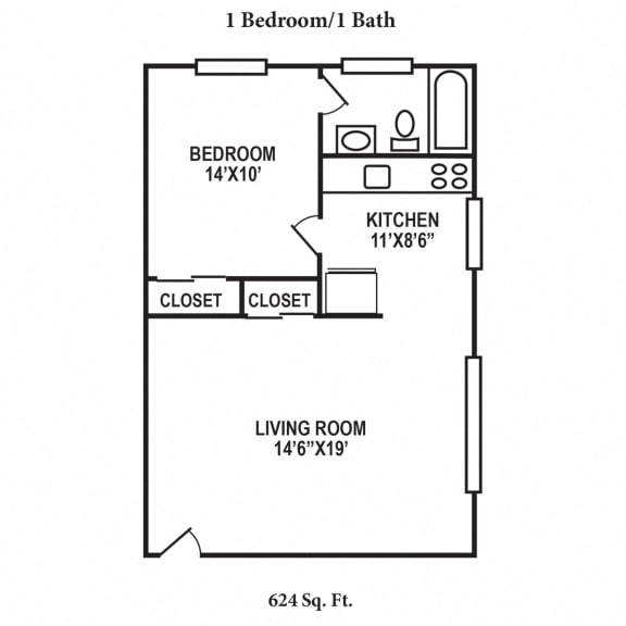 1 Bedroom 1 Bathroom Floor Plan at Crown Court Apartments, Florence, KY