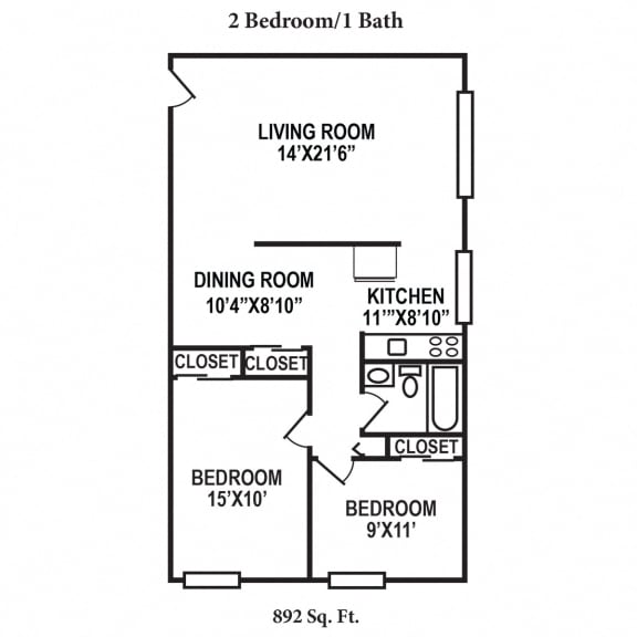 2 Bedroom 1 Bath Floor Plan at Crown Court Apartments, Kentucky