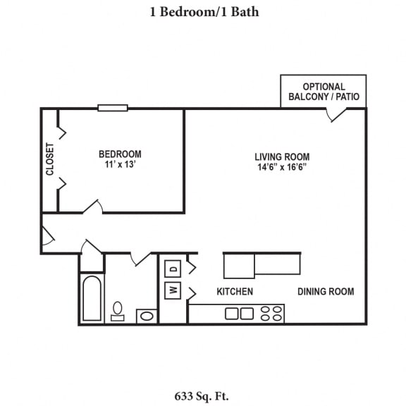 1 Bed 1 Bath Floor Plan at Concord Woods Apartments, Milford, OH