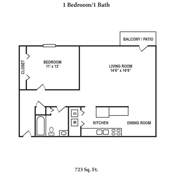 1 Bedroom 1 Bathroom Floor Plan at Concord Woods Apartments, Milford, Ohio