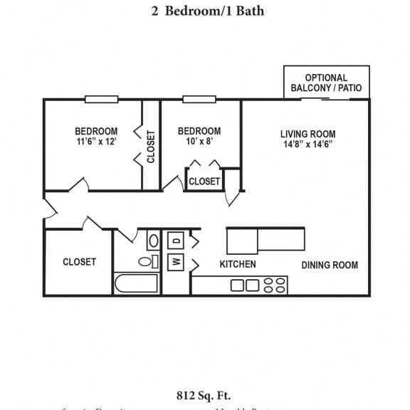 2 Bedroom 1 Bathroom Floor Plan at Concord Woods Apartments, Ohio