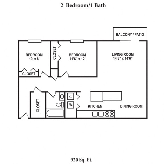 2 Bed 1 Bathroom Floor Plan at Concord Woods Apartments, Milford, OH, 45150