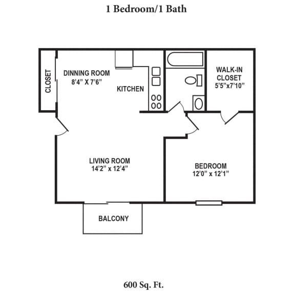 1 Bed 1 Bath Floor Plan at Forest Creek Apartments, Middletown, Ohio