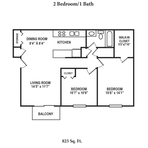 2 Bedroom 1 Bath Floor Plan at Forest Creek Apartments, Ohio