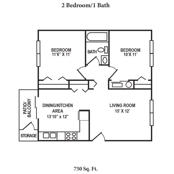 2 Bed 1 Bath Floor Plan at East Pointe Apartments, Cincinnati, 45245