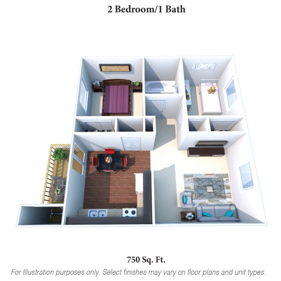 2 Bedroom 1 Bath Floor Plan at East Pointe Apartments, Cincinnati, Ohio