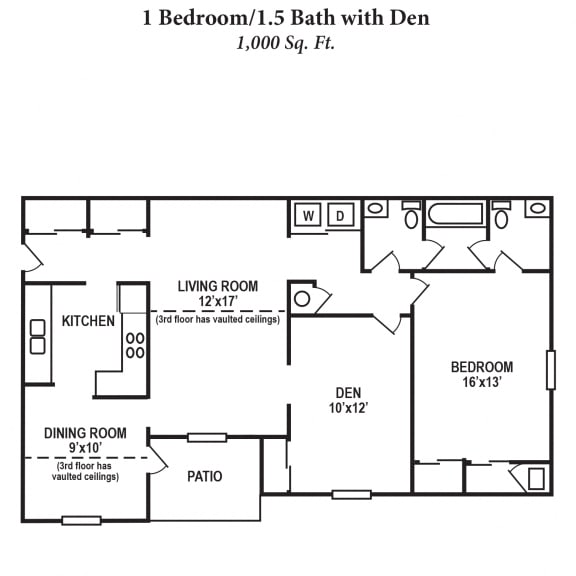 1 Bedroom With Den Floor Plan at Four Worlds Apartments, Ohio