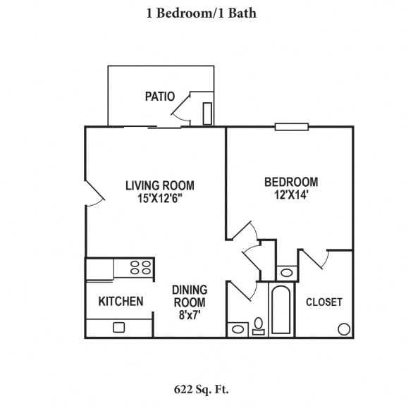 1 Bedroom Floor Plan at Four Worlds Apartments, Cincinnati
