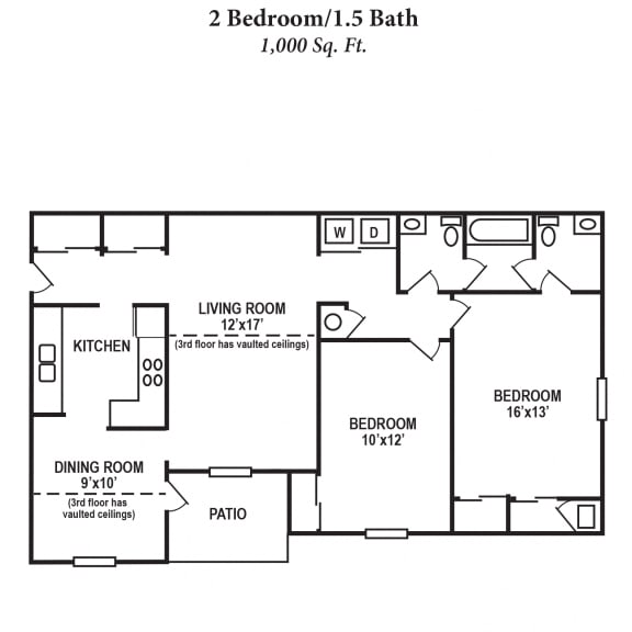 2 Bed Floor Plan at Four Worlds Apartments, Cincinnati, OH, 45231