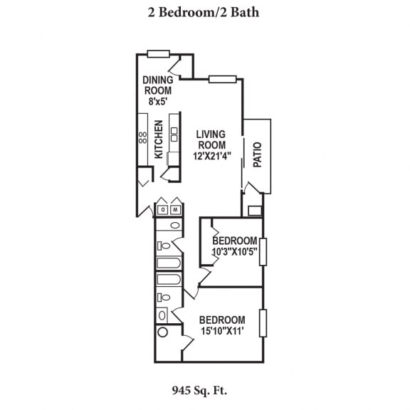 2 Bedroom Floor Plan at Four Worlds Apartments, Cincinnati, Ohio