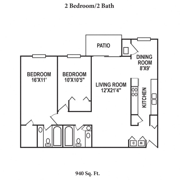 2 Bedroom 2 Bathroom Floor Plan at Four Worlds Apartments, Cincinnati, OH
