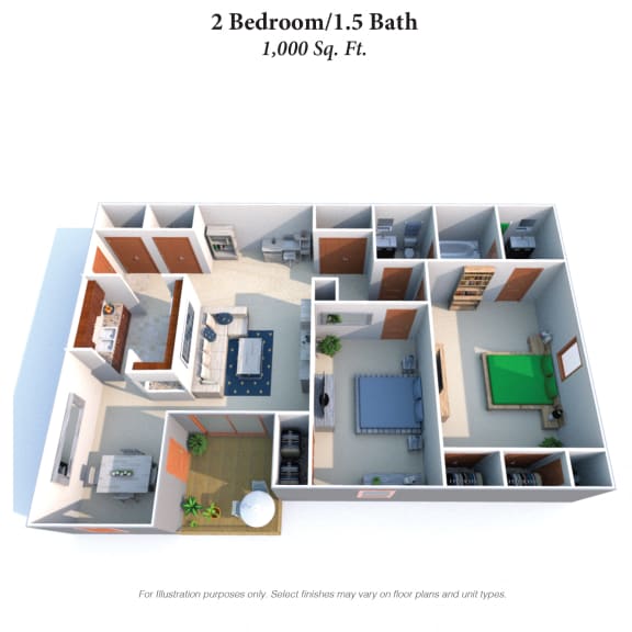 2 Bed 1000SqF Floor Plan at Four Worlds Apartments, Cincinnati, OH