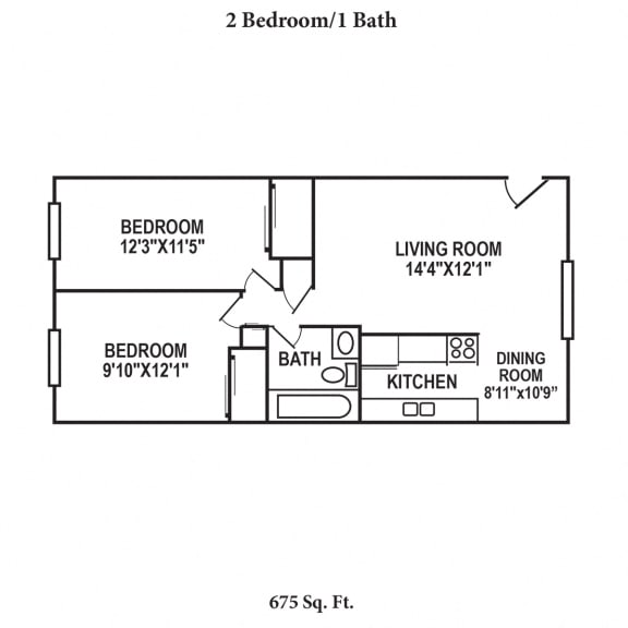 2 bed 1 bath floor plan at Sharondale Woods Apartments, Ohio, 45241