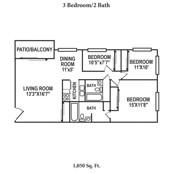 3 bed 2 bath floor plan at Sharondale Woods Apartments, Cincinnati, OH