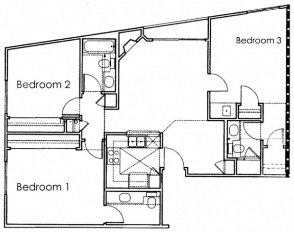 A floor plan of a 3 bedroom 3 bathroom apartment at 10930 Ashton Ave, Los Angeles, CA