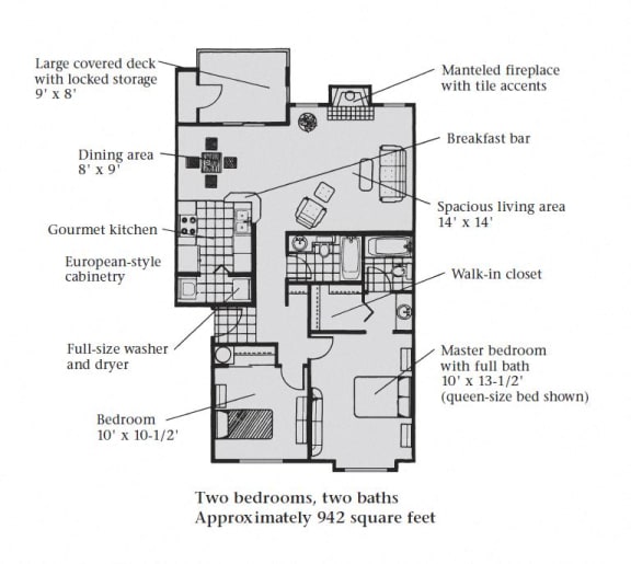A two bedroom, two bathroom apartment floor plan at Bellwether Apartments