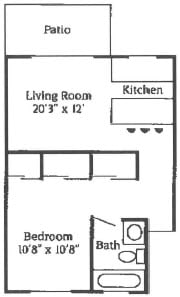 A one bedroom, one bathroom apartment floor plan with a patio at Mondrian Colorado Apartments in Denver, Colorado