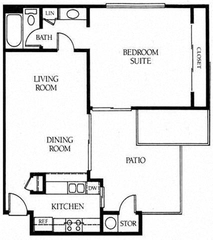 A one bedroom, one bathroom apartment floor plan at Meadow Creek Apartments in San Marcos, California