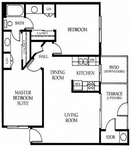 A two bedroom, one-and-a-half bathroom apartment floor plan at Meadow Creek Apartments in San Marcos, California