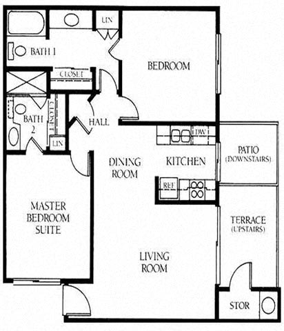 A two bedroom, two bathroom apartment floor plan at Meadow Creek Apartments in San Marcos, California