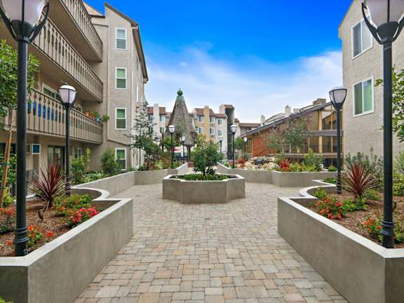 Award-winning Landscaping with beautiful waterfalls and streams at Woodcliff Apartments, Los Angeles, California