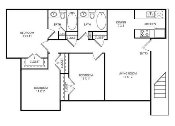 Floor Plan  - The Hawthorne - 3 Bed, 2 Bath Sq. Ft.: 1,052 at Forest Gardens, Dallas, TX
