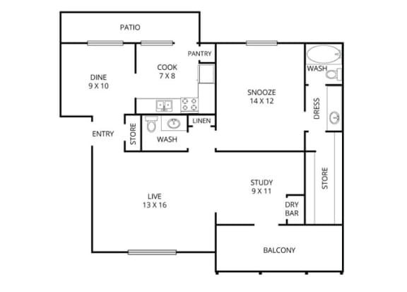 Floor Plan  Dogwood 1 Bed | 1.5 Bath | 1000 Sq.Ft. at Park Villas, Texas