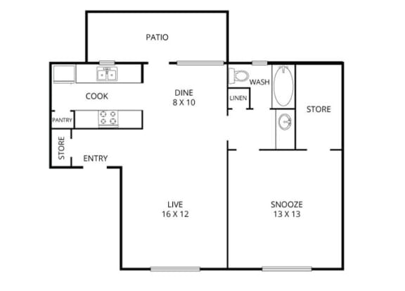 Pine  1 Bed | 1 Bath | 795 Sq.Ft. at Park Villas, Fort Worth, Texas