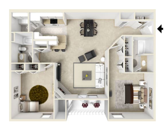 2 bedroom 2 bathroom Floor plan B at Parkwest Apartment Homes, Hattiesburg, MS, 39402