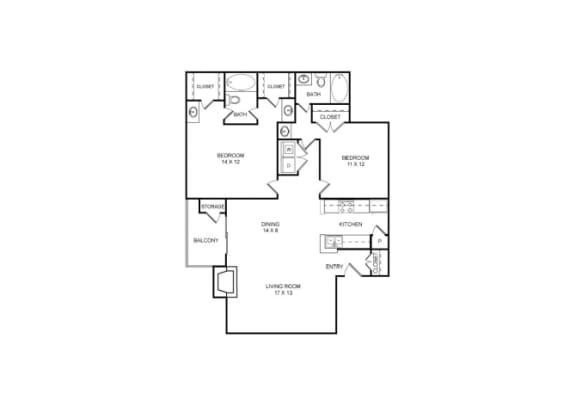 Floor Plan  Belleview 2 Bed | 2 Bath | 1097 Sq. Ft.at Country Square, Carrollton, Texas