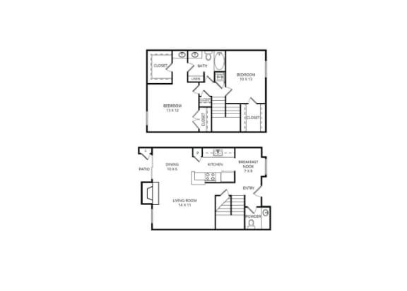 Floor Plan  Hanover 2 Bed | 1.5 Bath | 1172 Sq.Ft. at Country Square, Carrollton, TX