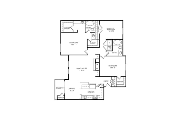 Floor Plan  Hearthstone 3 Bed | 2 Bath | 1320 Sq. Ft. at Country Square, Carrollton