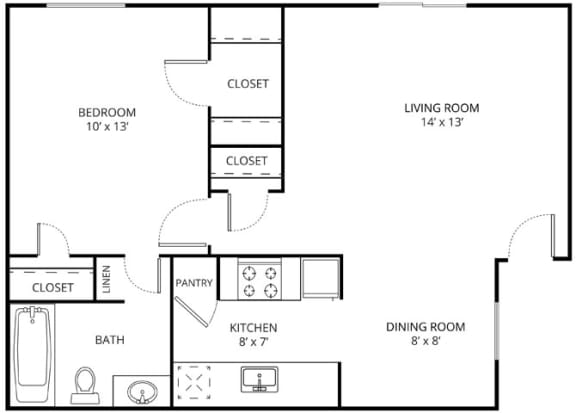 Floor Plan  Chalet Floor Plan 1 bed 1 bath  Sq. Ft. 622 at Forest Glen, Garland, TX