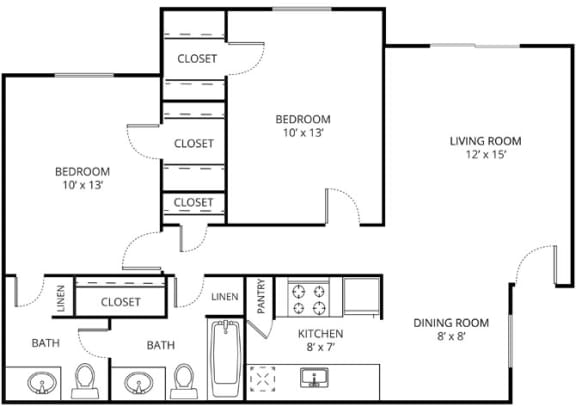 Floor Plan  Villa Floor Plan 2 Beds 1.5 Bath Sq. Ft. 865 at Forest Glen, Garland, Texas
