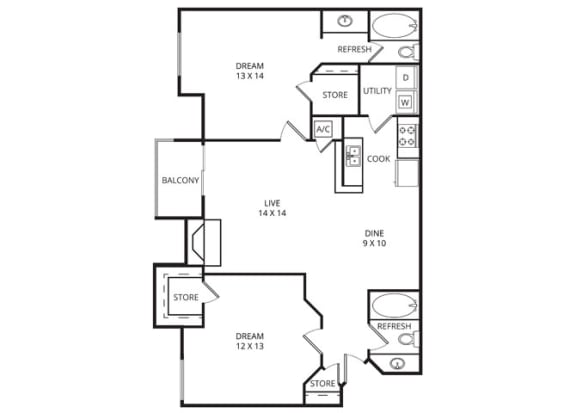 Cottonwood 2 Bed | 2 Bath | 1000 Sq.Ft. at Plaza DeVille, Texas