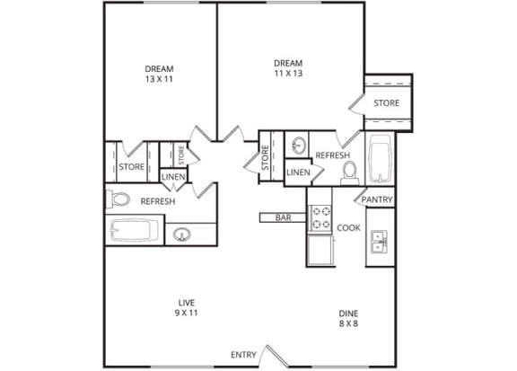 Floor Plan  Sycamore 2 Bed | 2 Bath | 1050 Sq. Ft. at Wildwood, Texas