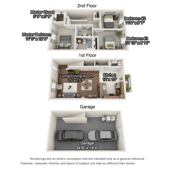 A 3D floorplan of the 3 bedroom layout at The Villas at Island Road