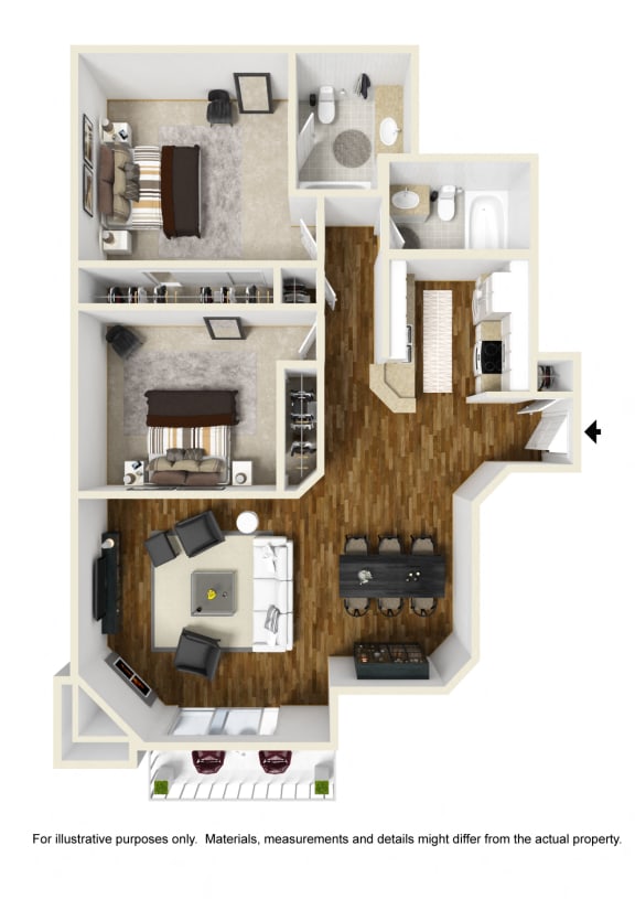 2 bedroom 2 bathroom Floor plan B at Palm Royale Apartments, Los Angeles, California