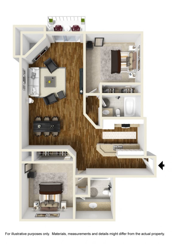 2 bedroom 2 bathroom Floor plan C at Palm Royale Apartments, Los Angeles