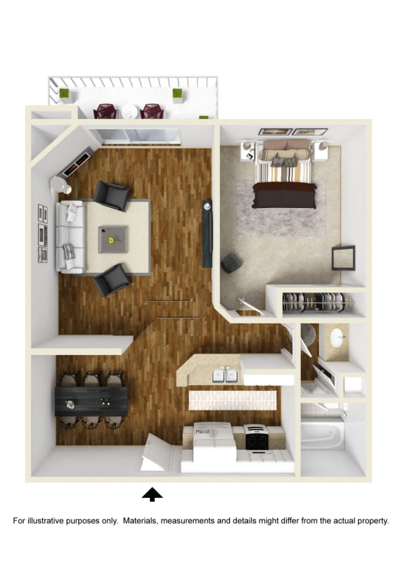 1 bedroom 1 bathroom Floor plan B at Palm Royale Apartments, Los Angeles, CA, 90034